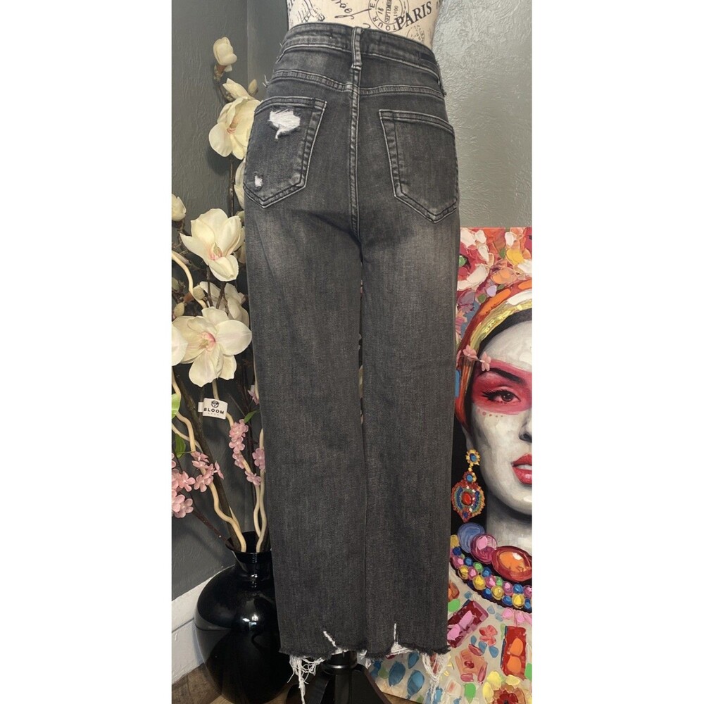Risen Jeans Womens 28/7 Black Denim Straight Leg Distressed Raw Hem Stretch - Picture 7 of 11